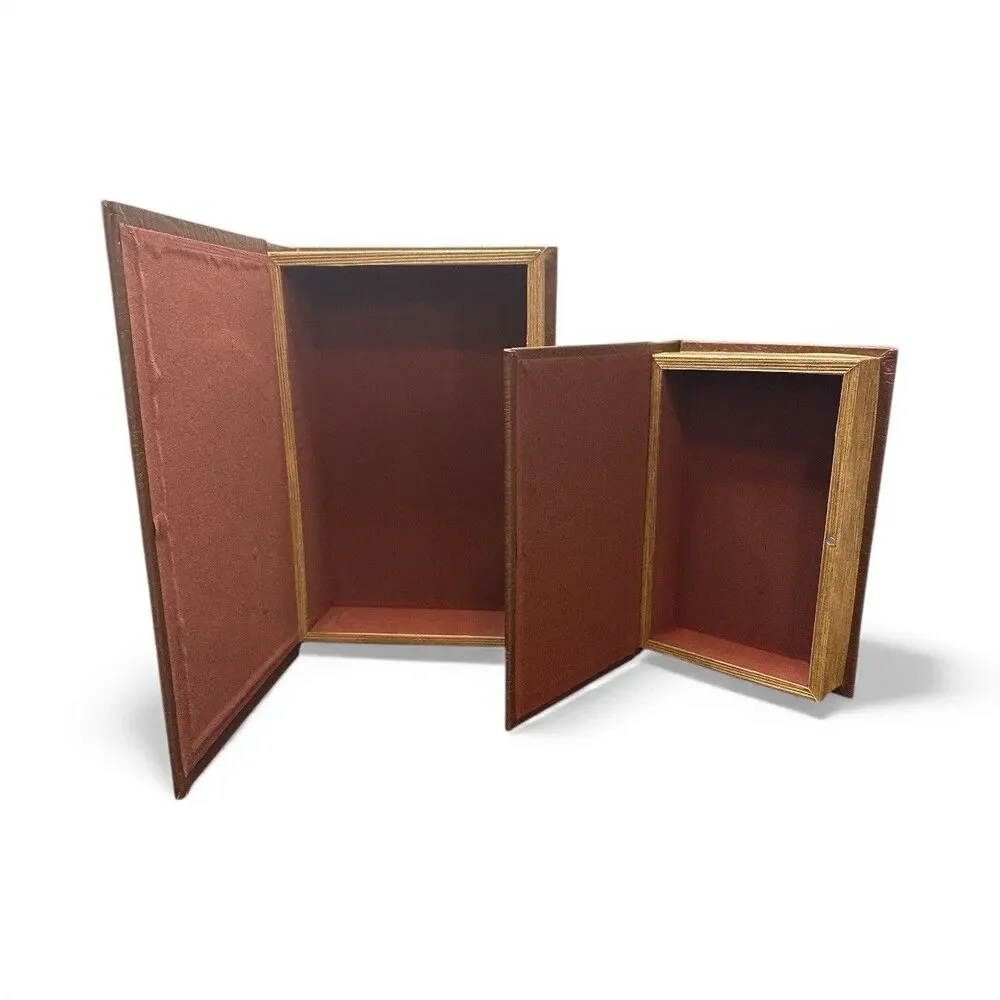 Pair (2) Faux Book Hidden Storage Antiqued Cover Felt Lined Magnet Close